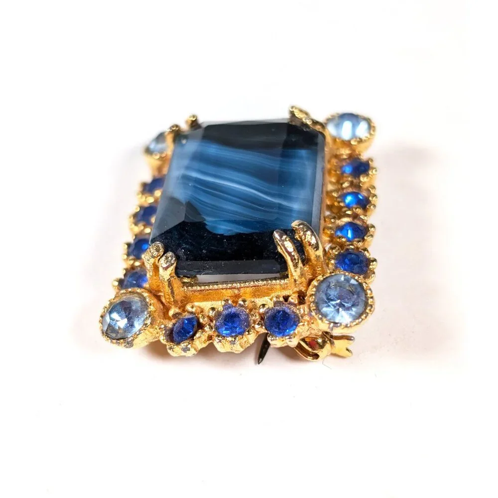 Vintage Slag Glass Brooch in Ocean Blue - Picture 2 of 4